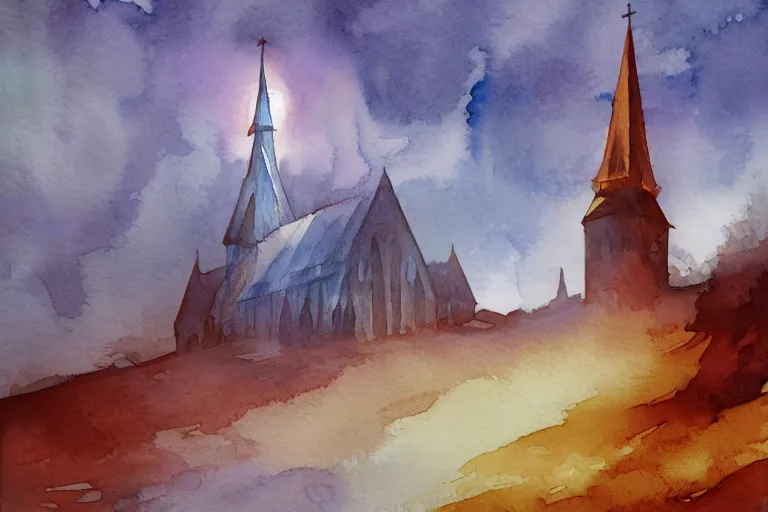 Image similar to small centered on watercolor paper, paint brush strokes, abstract watercolor painting of traditional scandinavian wooden church with tower, viking dragon decor, translucent leaves, cinematic light, national romanticism by hans dahl, by jesper ejsing, by anders zorn, by greg rutkowski, by greg manchess, by tyler edlin