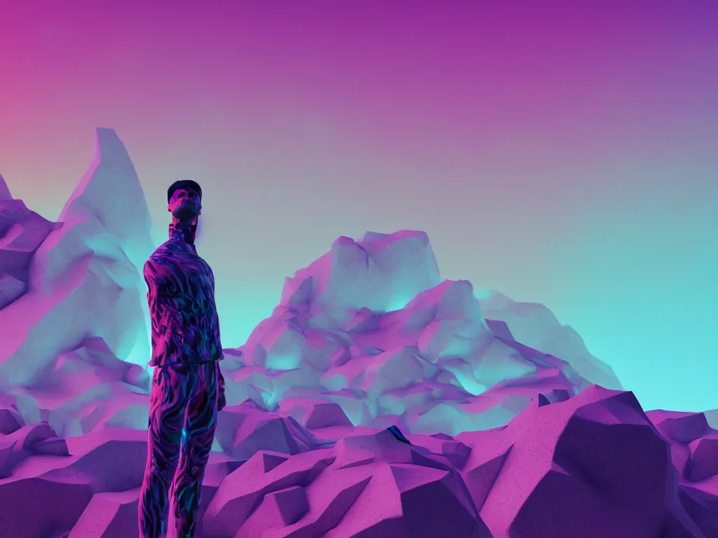 Image similar to manikin made of marble, fractal neon explosion revealing a portal to a vaporwave paracosm, mountains in background, introspective, cinematic, rule of thirds, clean linework, dramatic, award winning, 4 k, trending on artstation, photorealistic, volumetric lighting, octane render