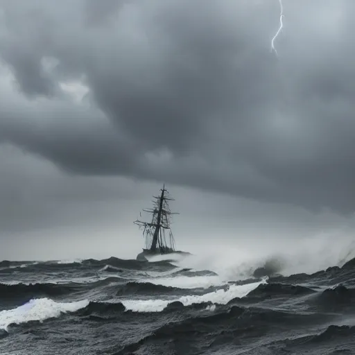 Image similar to Stormy sea, big waves, rain, lightning, gray clouds, old wooden ship, Giant Tentacles rising from water in foreground, Canon EOS R3, f/1.4, ISO 200, 1/160s, 8K, RAW, unedited, symmetrical balance, in-frame.