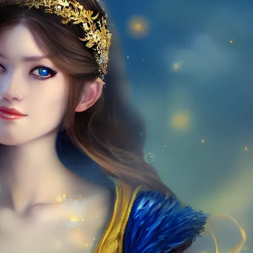 Prompt: a photographic portrait of an fantasy 30 years old princess with a deep blue sapphire and gold diadem, warmer colours, more tan face, light brown hair, cinematic light, by Zhang Jigna, canon 50mm, artstation