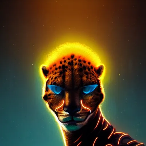 Image similar to a beautiful commission of a male anthropomorphic cheetah wearing a neon jacket,futuristic,detailed face,mohawk,cyberpunk style,deviantart,artstation,art by greg rutkowski,ross tran,professional lighting,neon city,night,raytracing,rtx,highly realistic,4k,dramatic,hyperrealism