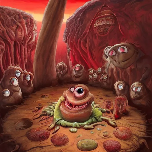 Prompt: insane crazy bloody red skrimp big chungus big eyes wide open, horrific sentient meatloaf, holding meatloaf, sloppy, gross, meatloaf, hyper realistic, terrifying, disturbing, strange, bizarre, masterpiece, meatloaf is everywhere,, liquid, 4 k, vivid colors, elegant, john park, frazetta, john howe, ruan jia, jeffrey catherine jones