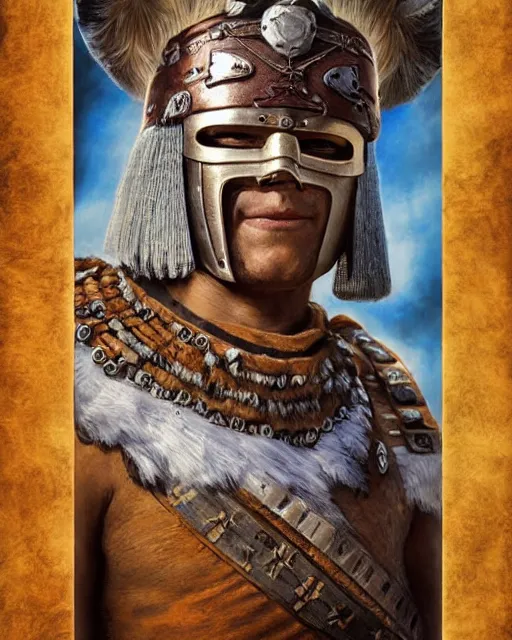 Prompt: digital painting of masked incan warrior, by filipe pagliuso and justin gerard, symmetric, fantasy, highly detailed, realistic, intricate, portrait, sharp focus, tarot card, face, handsome, peruvian, ax