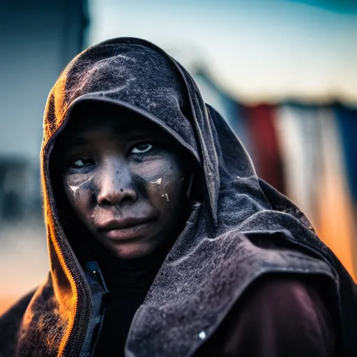 Image similar to photographic portrait of a poor techwear woman holding back tears, a futuristic shanty town burns in the background, closeup, sigma 85mm f/1.4, 4k, depth of field, high resolution, 4k, 8k, hd, full color