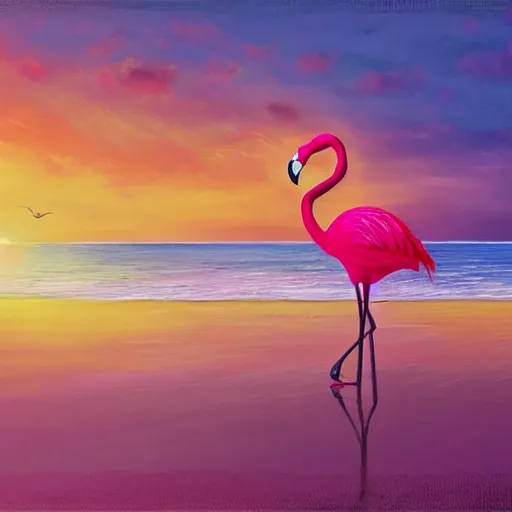 pink flamingo on the beach under the sunset, realistic