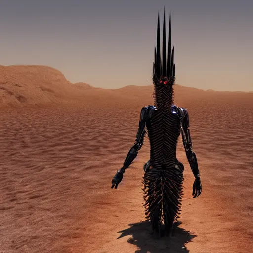 Image similar to a scary cyborg with long spikes walking in the desert, photorealistic, symmetrical 4k