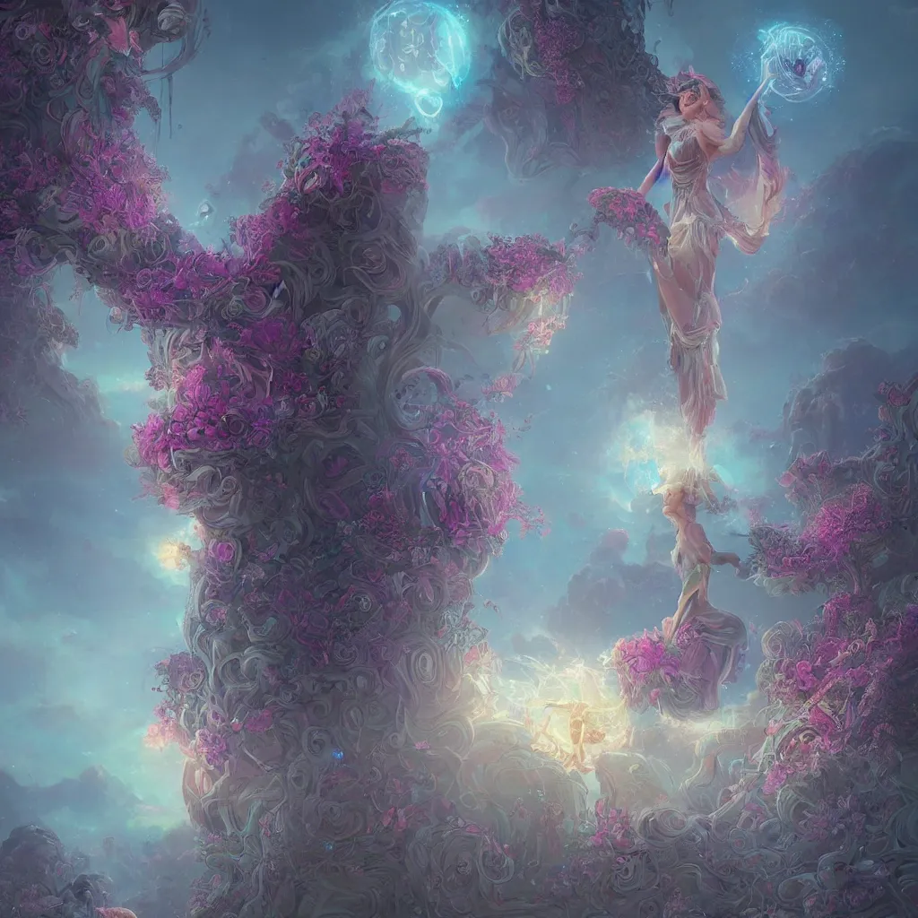 Image similar to concept art, a goddess of world full of life divine thrill of the biological tranquil sky, atoms floating, cosmic horror, gothic harts, flowers, artwork by beeple and lisa frank fantasy, intricate, elegant, highly detailed, digital painting, artstation, concept art, art by artgerm and greg rutkowski