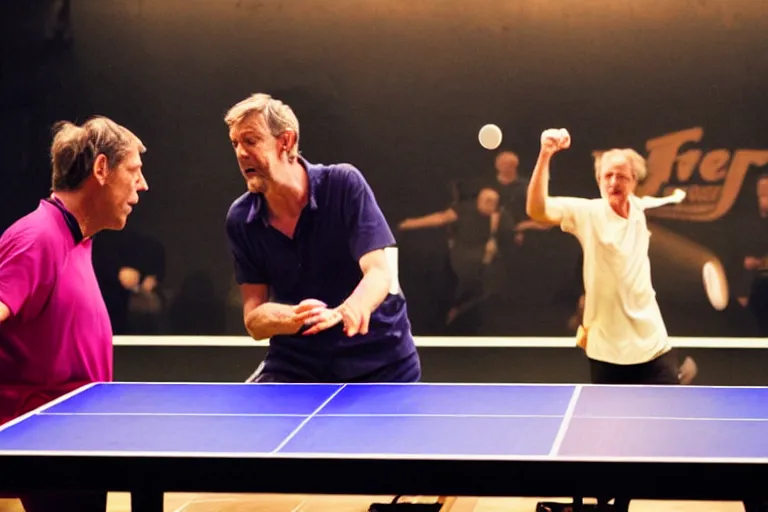 Prompt: Hugh Laurie and Stephen Fry playing table tennis, neon lighting