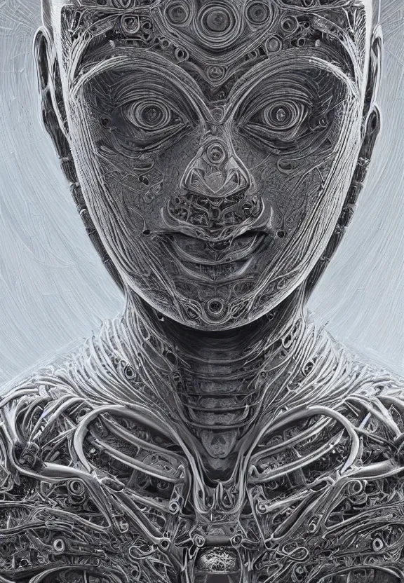 Image similar to perfectly centered portrait, front view of a beautiful biomechanical alien android robot buddha, female, fractal hair, intense stare, sarcastic smile, symmetrical, concept art, intricate detail, volumetric shadows and lighting, realistic oil painting by alex grey and gustave dore,