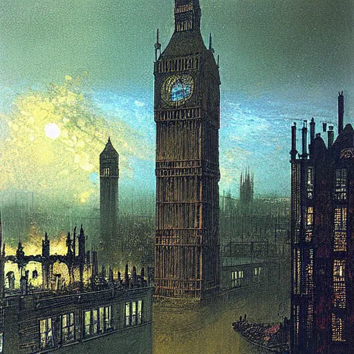 Prompt: London during an air raid, artwork by John Atkinson Grimshaw