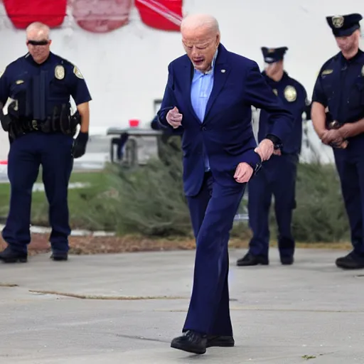 Prompt: biden arrested by himself dressed as a cop, realistic photography