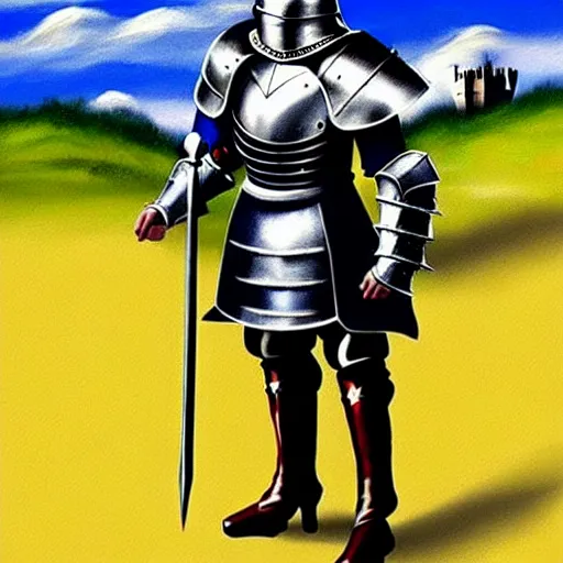 Image similar to full body!!!!!!, knights armor, donald trump, crown, donald trump's face!!!!!, detailed face, painting of a knight, boots, medieval castle background, valiant, concept art, by hans thoma