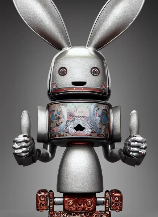 Image similar to closeup portrait of tin toy robot bunny trap, depth of field, zeiss lens, detailed, symmetrical, centered, fashion photoshoot, by nicoletta ceccoli, mark ryden, lostfish, breathtaking, 8 k resolution, extremely detailed, beautiful, establishing shot, artistic, hyperrealistic, octane render