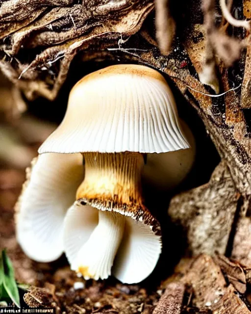 Image similar to a small family of conical oyster mushrooms is located on a rotten stump, which suspiciously reach for an unusual symbol on the wall depicting a dissected cross