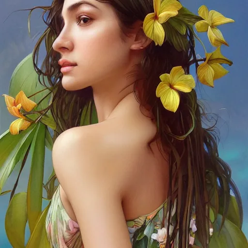 Image similar to Tropical Flowers, Watercolor, photorealistic, high resolution, award winning, trending on artstation, olive skin, long dark hair, beautiful bone structure, intricate, elegant, highly detailed, digital painting, artstation, concept art, smooth, sharp focus, illustration, art by artgerm and greg rutkowski and alphonse mucha