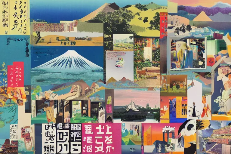 Image similar to award winning graphic design poster, photocollage art depicting a variety of japan travel, beauty, tastes, crafts and more, photocollage painting by National Geographic, Hannah Hoch and David Hockney