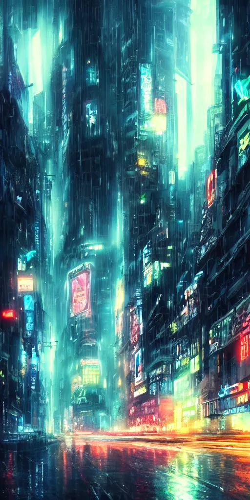 Image similar to hyper realistic cyberpunk cityscape,neon,rain,blade runner, looming surreal sky, stars,moon, cinematic lighting, detailed oil painting, 8k