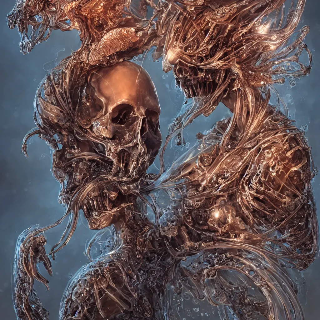 Image similar to close-up macro portrait of the face of a beautiful princess with animal skull mask, epic angle and pose ribcage skeleton, symmetrical artwork, 3d with depth of field, blurred background, cybernetic jellyfish female face skull phoenix bird, translucent, nautilus, energy flows of water and fire. a highly detailed epic cinematic concept art CG render. made in Maya, Blender and Photoshop, octane render, excellent composition, cinematic dystopian brutalist atmosphere, dynamic dramatic cinematic lighting, aesthetic, very inspirational, arthouse. y Greg Rutkowski, Ilya Kuvshinov, WLOP, Stanley Artgerm Lau, Ruan Jia and Fenghua Zhong