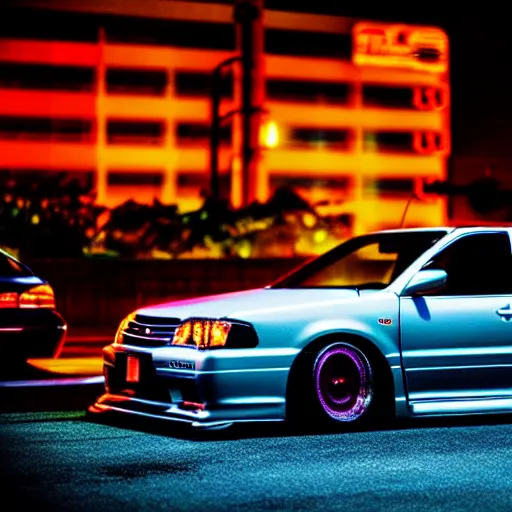 Prompt: a car Toyota Chaser twin-turbo at illegal car meet, Saitama prefecture, city sunset mist neon lights, cinematic color, photorealistic, highly detailed, 200MM