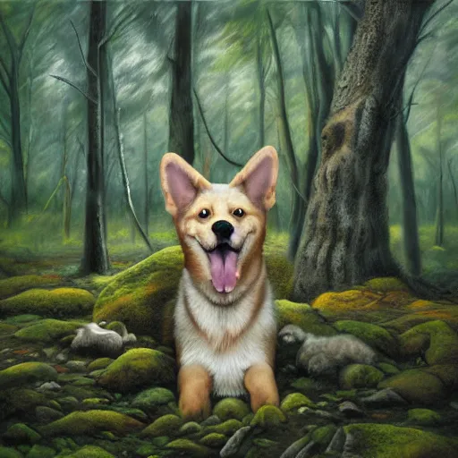 Image similar to a painting of a dog in the woods, an album cover by terry redlin, deviantart, furry art, official art, storybook illustration, hyper realism