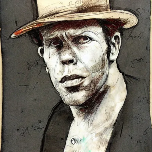 Image similar to tom waits portrait sketch on stained and moldy paper