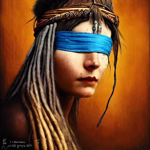 Image similar to A young blindfolded shaman woman with a decorated headband, in the style of heilung, blue hair dreadlocks and wood on her head, atmospheric lighting, intricate detail, cgsociety, ambient light, dynamic lighting, art by karol bak