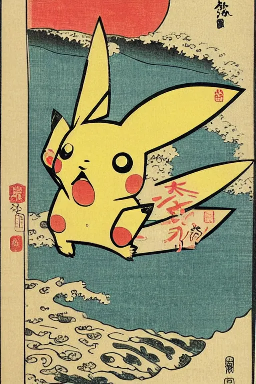 Image similar to Surfing Pikachu, Japanese ukiyo-e ukiyo-ye woodblock print, by Moronobu