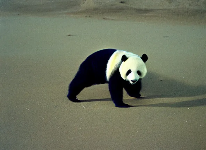 Prompt: 90's Professional Color Photography, Nikon, A panda walking on the beach at night, Summer