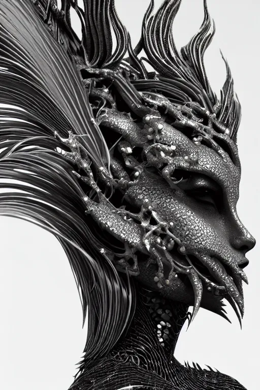 Prompt: monochrome close - up profile face, black background, beautiful young porcelain bio - mechanical vegetal - dragon - cyborg - female, white metallic armour, silver gold details, peacock feathers, roots, mandelbot fractal, 1 5 0 mm, beautiful natural soft rim light, elegant, hyper real, ultra detailed, octane render, 1 6 k