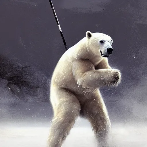 Prompt: polar bear playing hockey at stanley cup, intricate, sharp focus, illustration, highly detailed, digital painting, concept art, matte, art by ruan jia and wlop and greg rutkowski, masterpiece