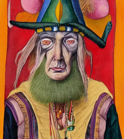 Image similar to Portrait painting in a style of Hieronim Bosch of an old shaman dressed in a colorful traditional clothes.