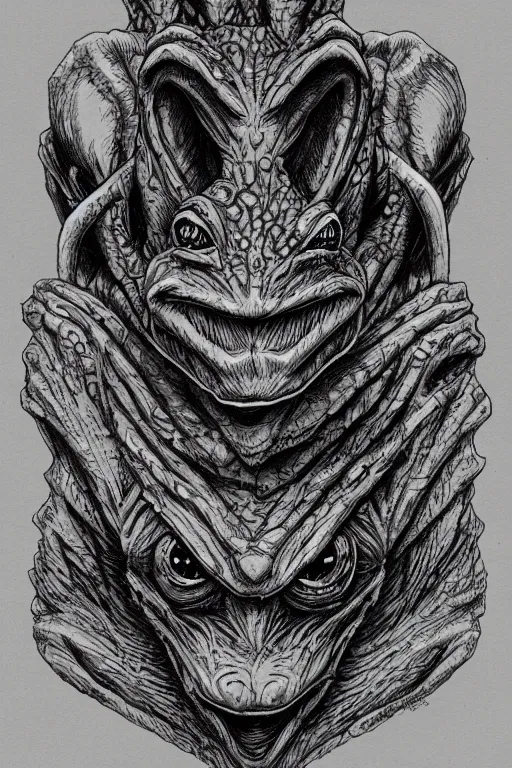 Image similar to frog goblin, symmetrical, goblin, highly detailed, digital art, sharp focus, trending on art station, kentaro miura manga art style