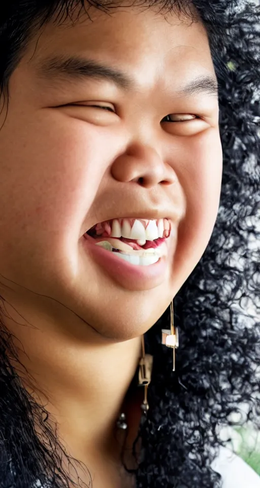 Prompt: close up photograph of a fat filipino teenage man smiling with crooked teeth, a curly perm, small studded earings, 4 k, photorealistic, high detail by annie leibovitz