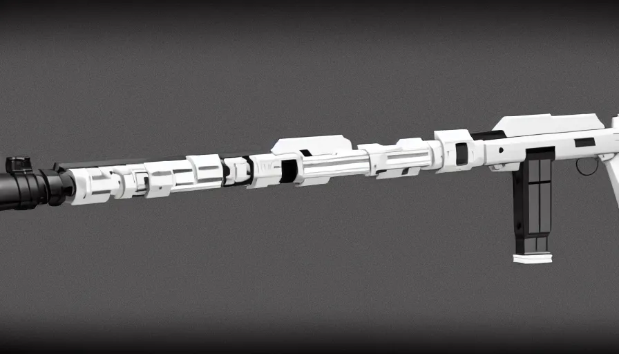 Image similar to extremely detailed ultra realistic side view photo sci fi minimalist coilgun rifle, detailed trigger, chemically propelled, electric, smooth streamline, elegant sleek smooth body, white paint, wires, railgun, chemrail, gauss, smooth utopian design, ultra high quality, octane, cod, destiny, warframe, terminator