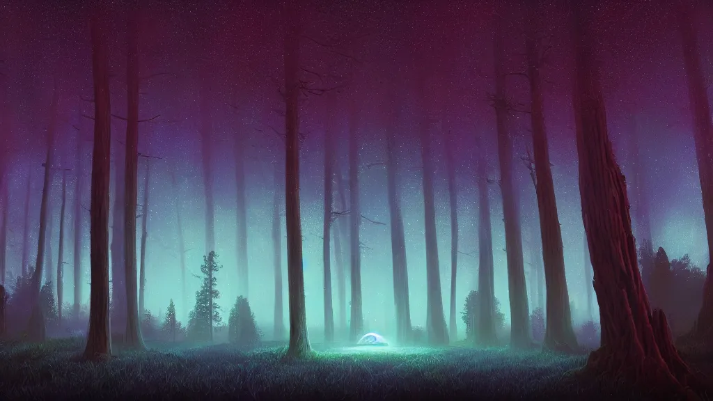 Prompt: matte painting glowing spaceship in clearing in monkey puzzle tree Forest at night. Forest is lit by eerie blue glow. Ufo. Digital painting. Beeple. Noah Bradley. Cyril Roland trending on artstation.