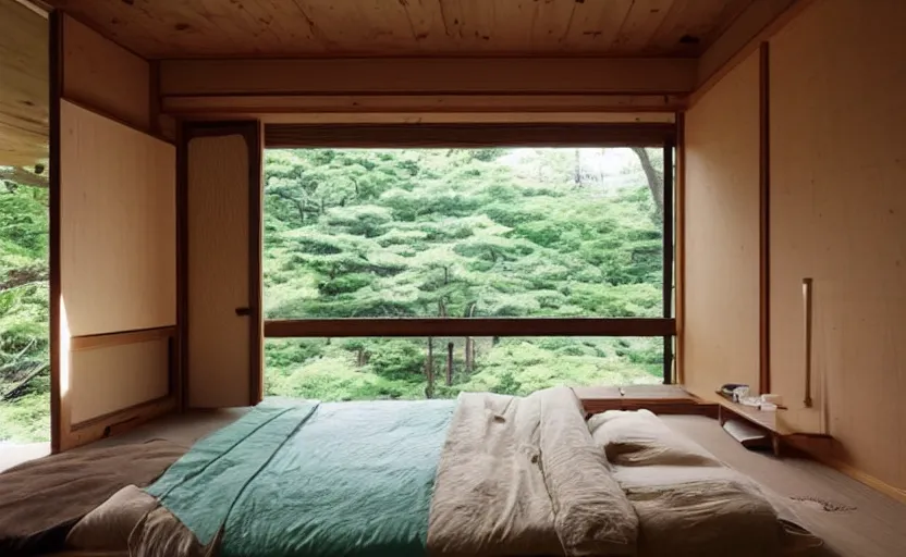 Prompt: bedroom in japanese style, rustic wood, bright, one large window in the back with a view of a forest, green walls, zen, feng shui, minimalistic, retro design, swedish design