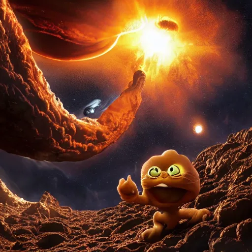 Image similar to eldritch horror bloody garfield in space, hd, 8 k, giant, epic, realistic photo, unreal engine, stars, prophecy, powerful, cinematic lighting, destroyed planet, debris, violent, sinister, ray tracing, dynamic, epic composition, dark, horrific, teeth, grotesque, monochrome drawing, hellscape