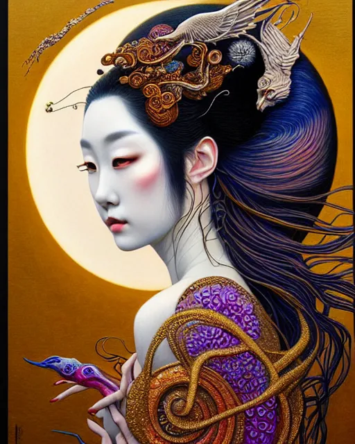 Image similar to portrait of a beautiful moon goddess, unusual beauty, esoteric, other worldly colors, head in focus, fantasy art, ornamental aesthetics, intricate, elegant, highly detailed hyperrealistic painting, artstation, concept art, painterly, sharp focus, illustration, art by chie yoshii