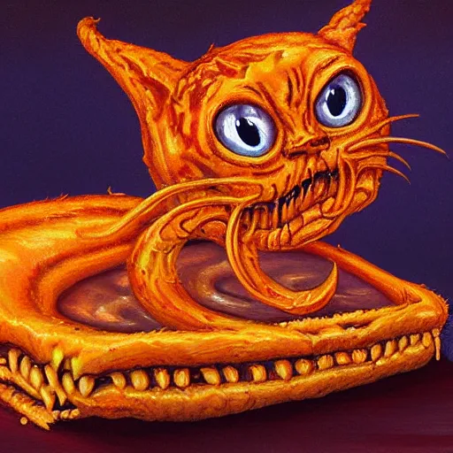 Prompt: painting of an eldritch alien cat creature that looks like garfield, eating lasagna, in the style of wayne barlowe