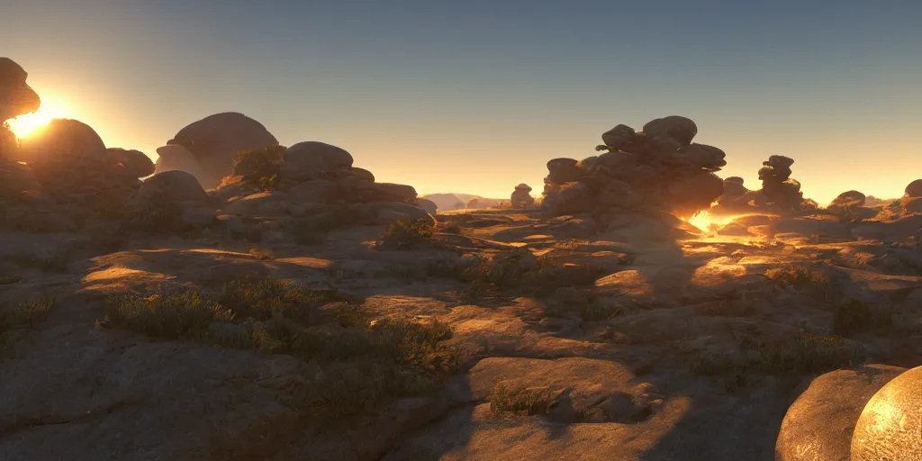 Image similar to epic landscape, rock shaped in the form of a doughnut with sunlight coming through, 8 k uhd, unreal engine, octane render in the artstyle of kuindzhi