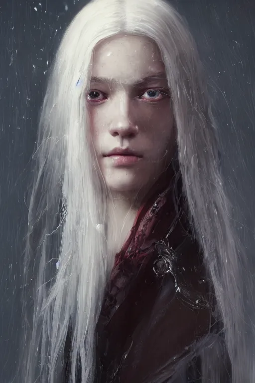 Image similar to a fancy portrait of a young female teenager with long white hair by greg rutkowski, sung choi, mitchell mohrhauser, maciej kuciara, johnson ting, maxim verehin, peter konig, bloodborne, 8 k photorealistic, cinematic lighting, hd, high details, dramatic, dark atmosphere, trending on artstation