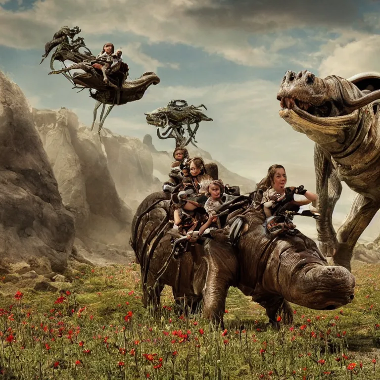 Prompt: 70mm still from a sci fi blockbuster movie made in 2022, set in 1860, of a family riding on the back of alien hippos, on an alien planet, across an alien landscape that is full of strange wild alien plants and flowers, the family are wearing 1850s era clothes, cinematic lighting, 8k, in focus faces, good quality lighting, good quality photography, oscar winner
