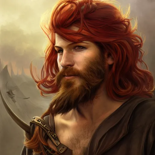Prompt: rugged playful pirate, 3 0 years old, male, handsome, masculine, red hair, long hair, long beard, soft hair, fantasy, intricate, elegant, highly detailed, steampunk, airship, digital painting, artstation, concept art, character art, smooth, sharp focus, illustration, art by artgerm and greg rutkowski and alphonse mucha
