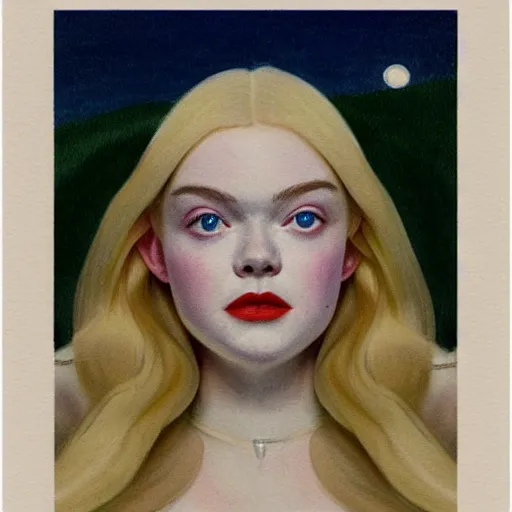 Prompt: Painting of Elle Fanning as a tarot card, long blonde hair, delicate, pale milky white porcelain skin, occult, by Edward Hopper. 8K. Extremely detailed.