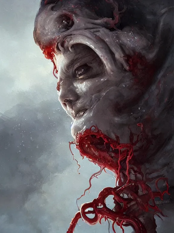 Image similar to painting by greg rutkowski of a flying sorrowful looking human head with tears running down it's eyes, face that is chalk white in color, with long sprawling white tentacles stemming down it's neck, fiery scorching red eyes, flying in a terrying hellish dark cavernous place