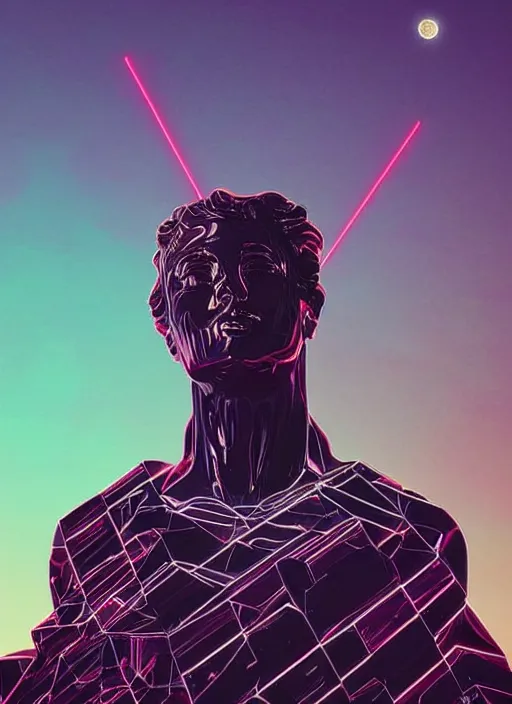 Image similar to statue of atlas, moon in the background, beeple, vaporwave, retrowave, futurism, black background, neon wiring, black, glitch, strong contrast, cuts, pinterest, trending on artstation