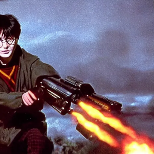 Image similar to harry potter shooting a rocket launcher as rambo, movie still, dramatic