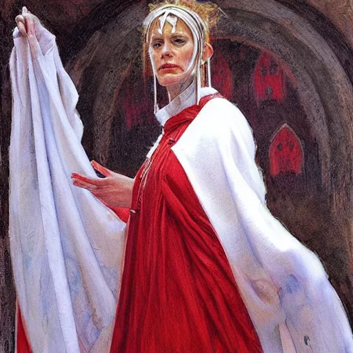 Prompt: priestess wearing white and red, by donato giancola.