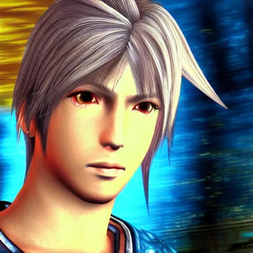 Prompt: Tidus from Final Fantasy X with Wakka's hair, screenshot from the game, PS2 graphics