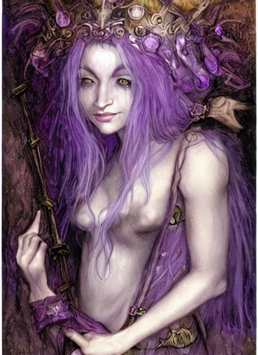 Image similar to portrait of young female sorceress of the endtimes, transluscent skin, lavender hair, beautiful! coherent! dungeons and dragons character, by brian froud, strong line, cool night color, high contrast